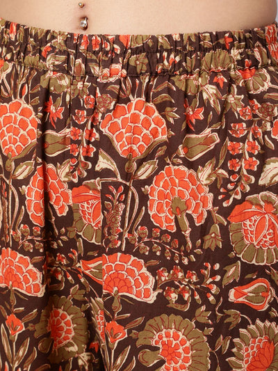 Brown Orange Floral Print Kurta Sharara With Dupatta
