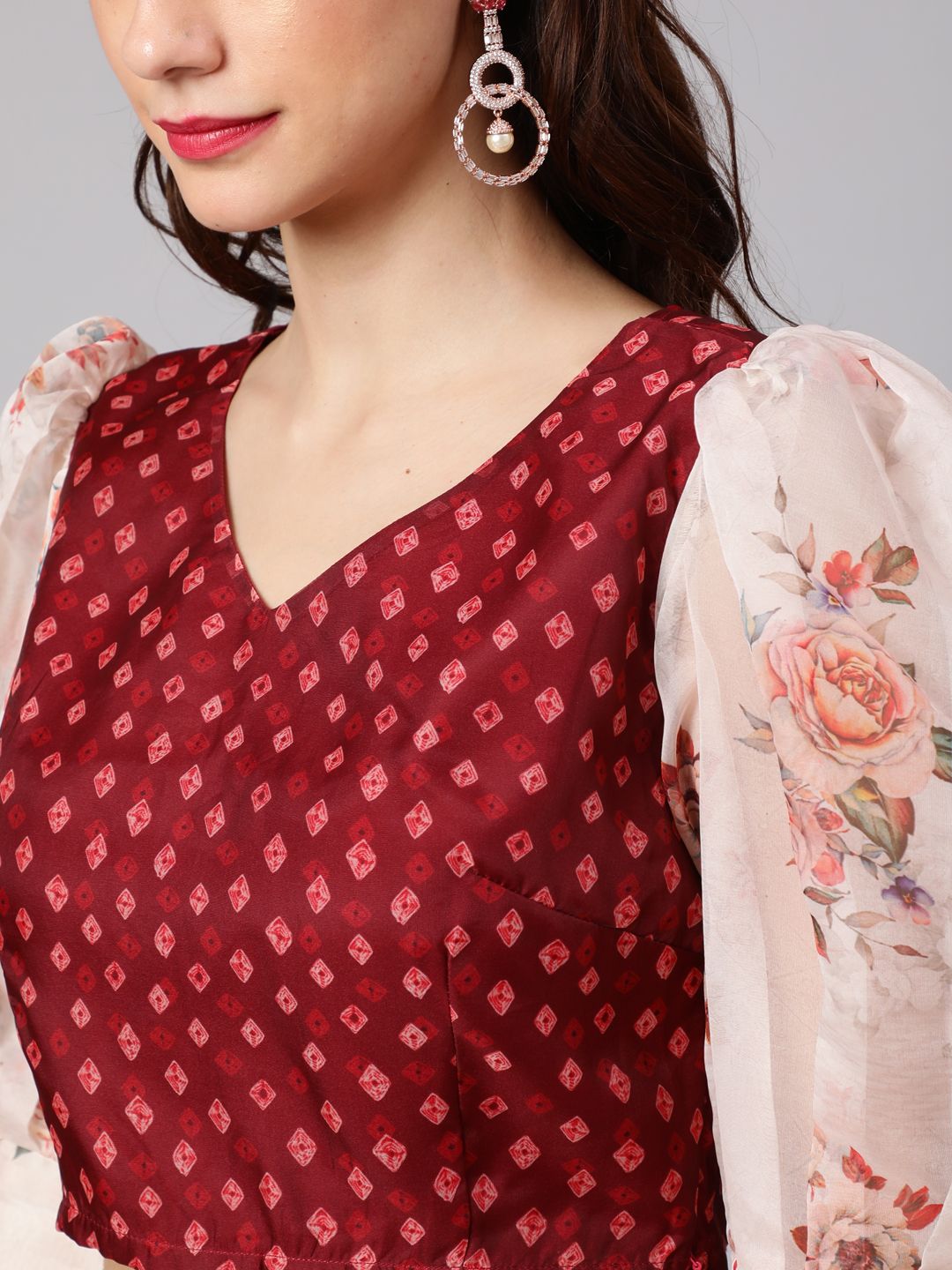 Cream Maroon Floral Print Top With Palazzo