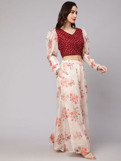 Cream Maroon Floral Print Top With Palazzo