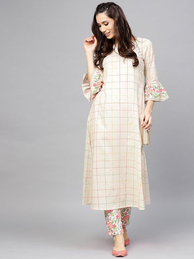 White Checked A-Line Kurta With Ruffle Sleeve