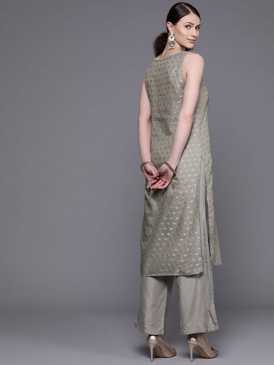 Grey Woven Designed Kurta With Palazzo