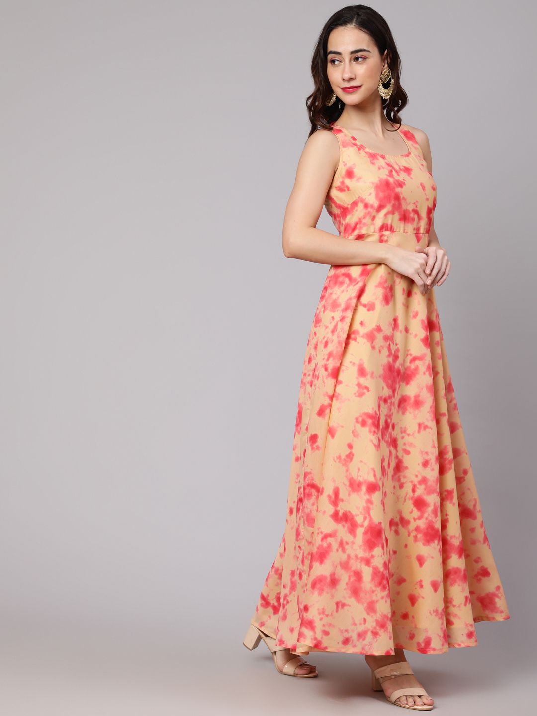 Pink Tie & Dye Print Maxi Dress With Dupatta Set