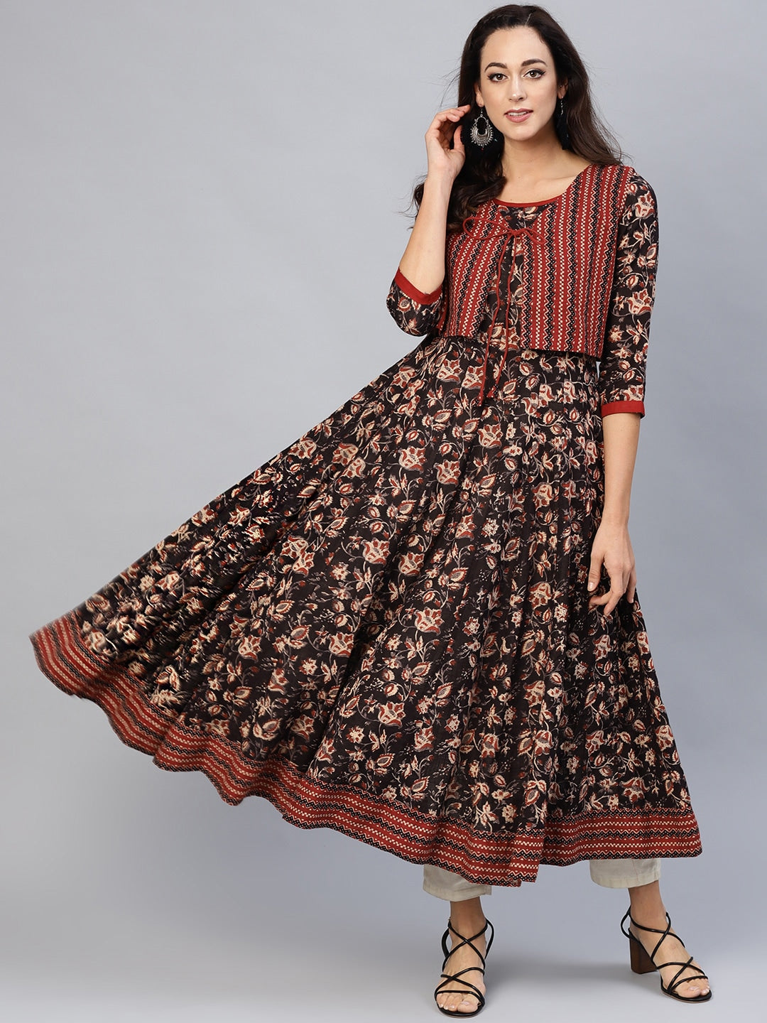 Brown Printed Anarkali Kurta With Jacket