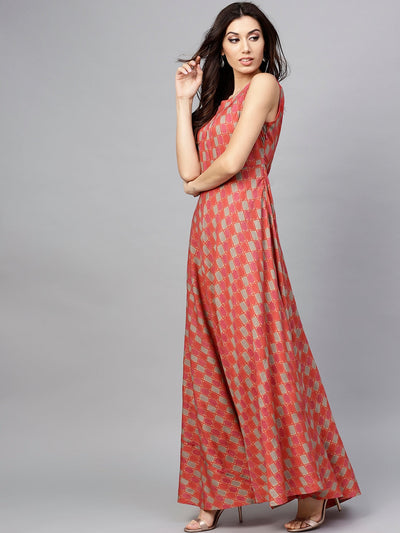Red Printed Sleeveless Flared Maxi Dress