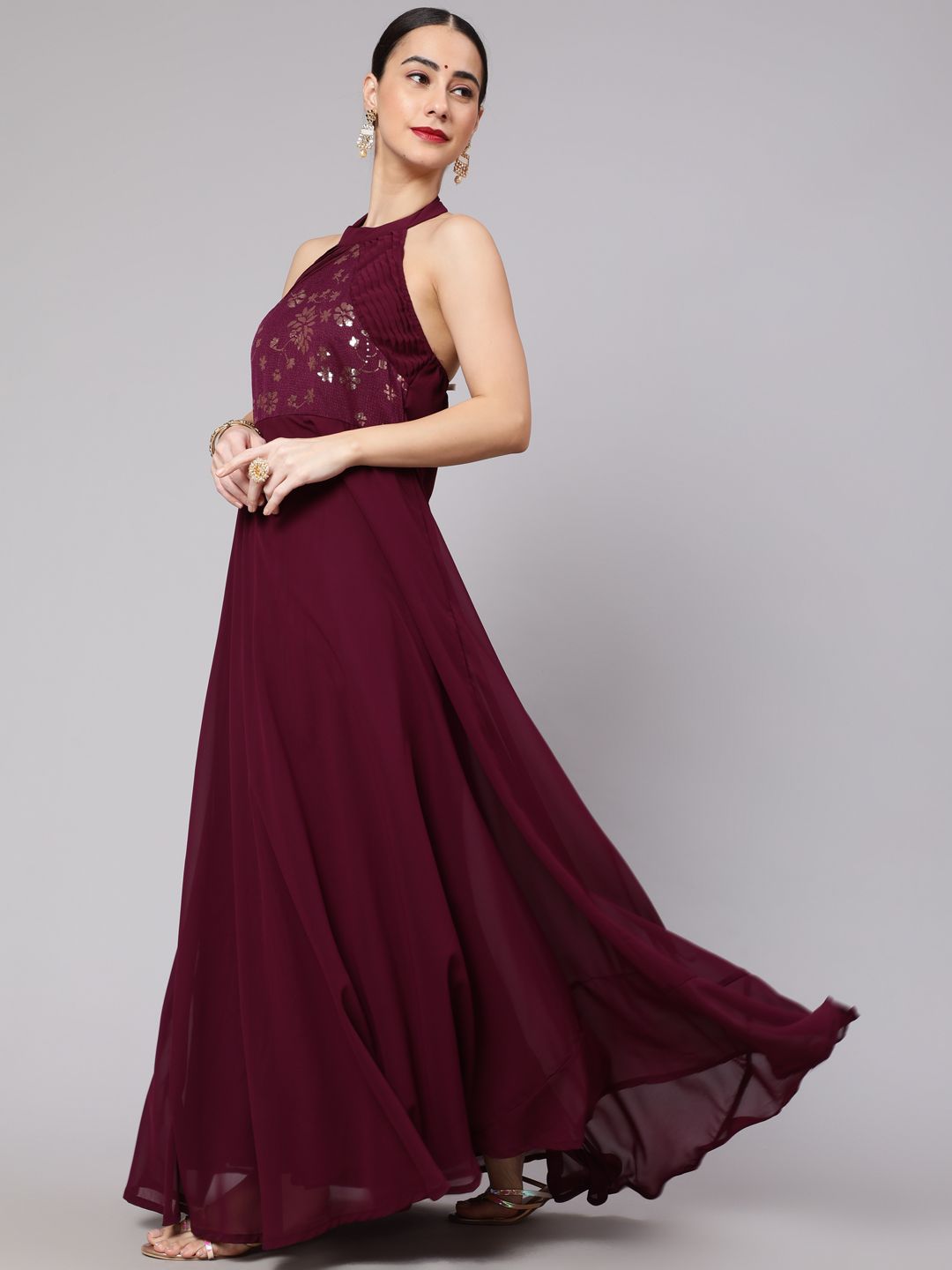 Purple Embellished Flared Maxi Dress