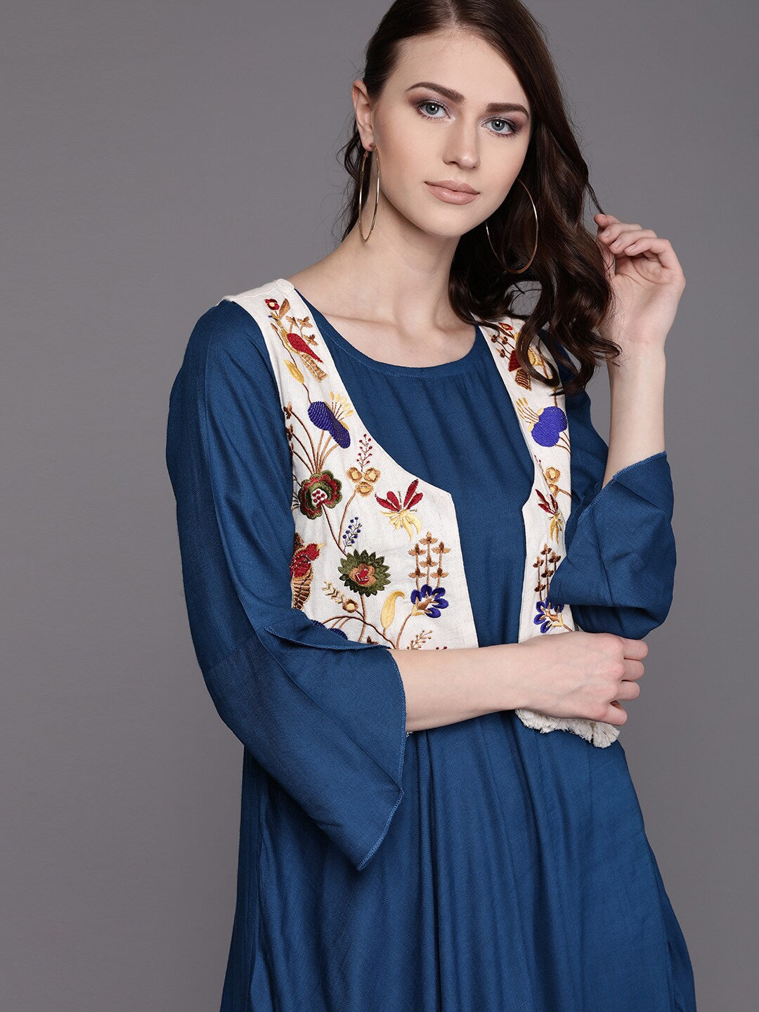 Blue Maxi Gown with Floral Embroidered Jacket