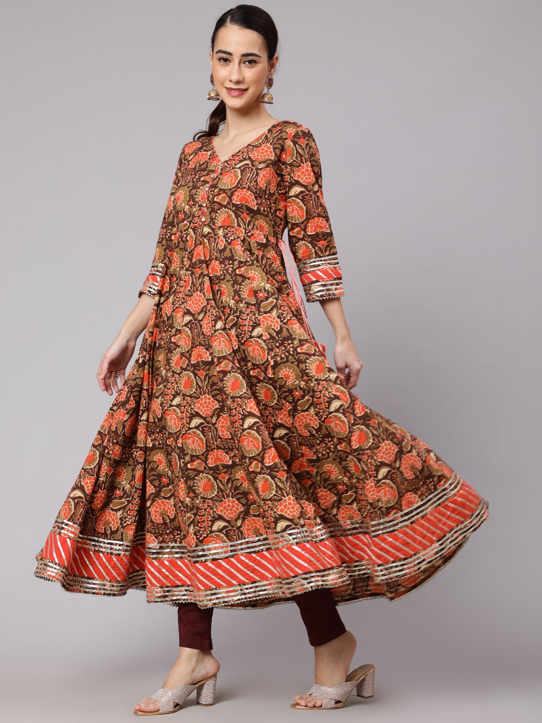 Brown Floral Print Anarkali With Dupatta