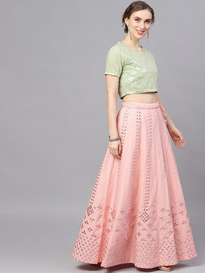 Peach & Green Mirror Work Lehenga Choli With Dupatta