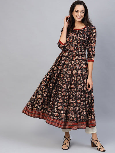 Brown Printed Anarkali Kurta With Jacket