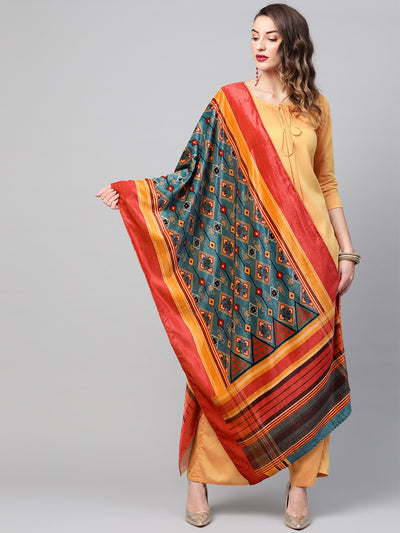 Teal Printed Velvet Dupatta