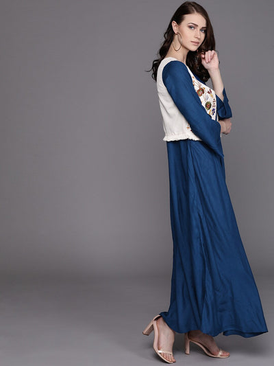 Blue Maxi Gown with Floral Embroidered Jacket