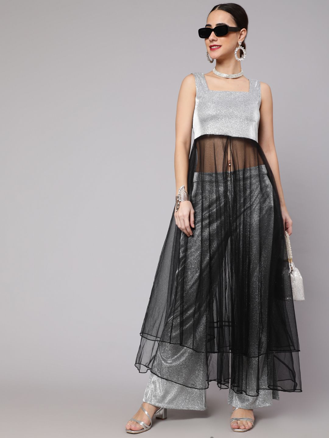 Silver Black Embellished Layered Top With Palazzo