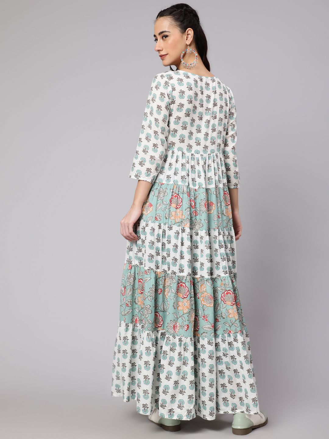 White Green Floral Print Tiered Maxi Dress