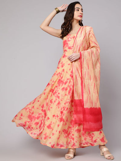 Pink Tie & Dye Print Maxi Dress With Dupatta Set