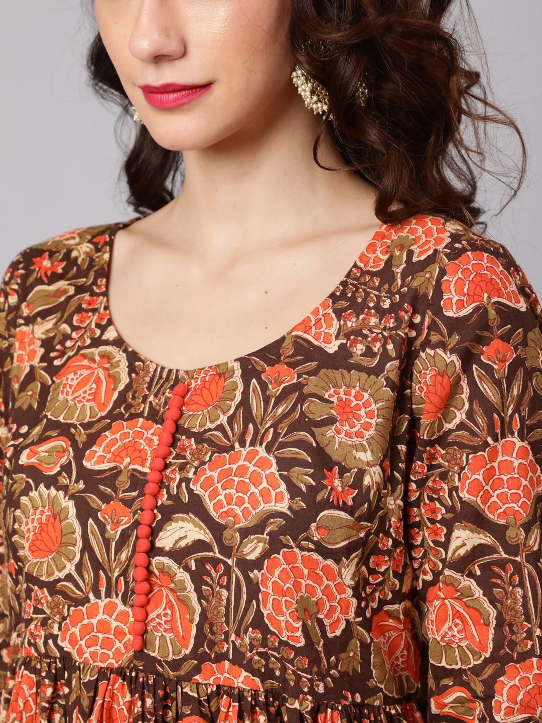 Brown Orange Floral Print Kurta Sharara With Dupatta
