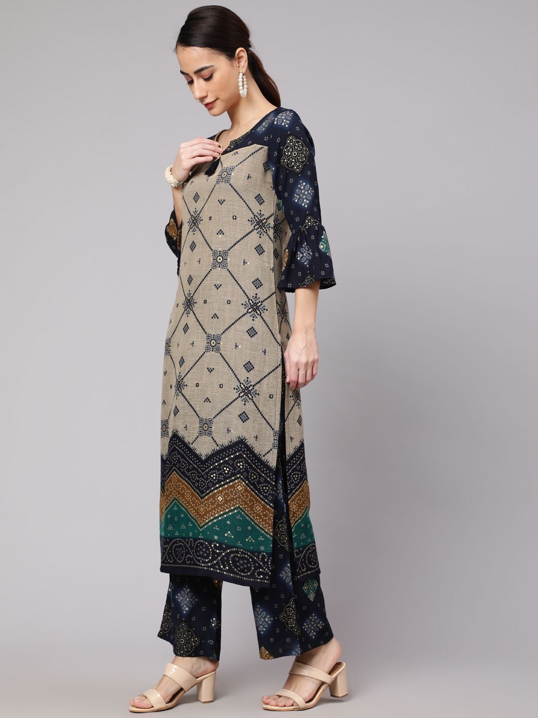 Navy Blue Printed Straight Kurta With Palazzo