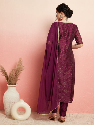 Purple Gold Print Kurta Pant With Dupatta