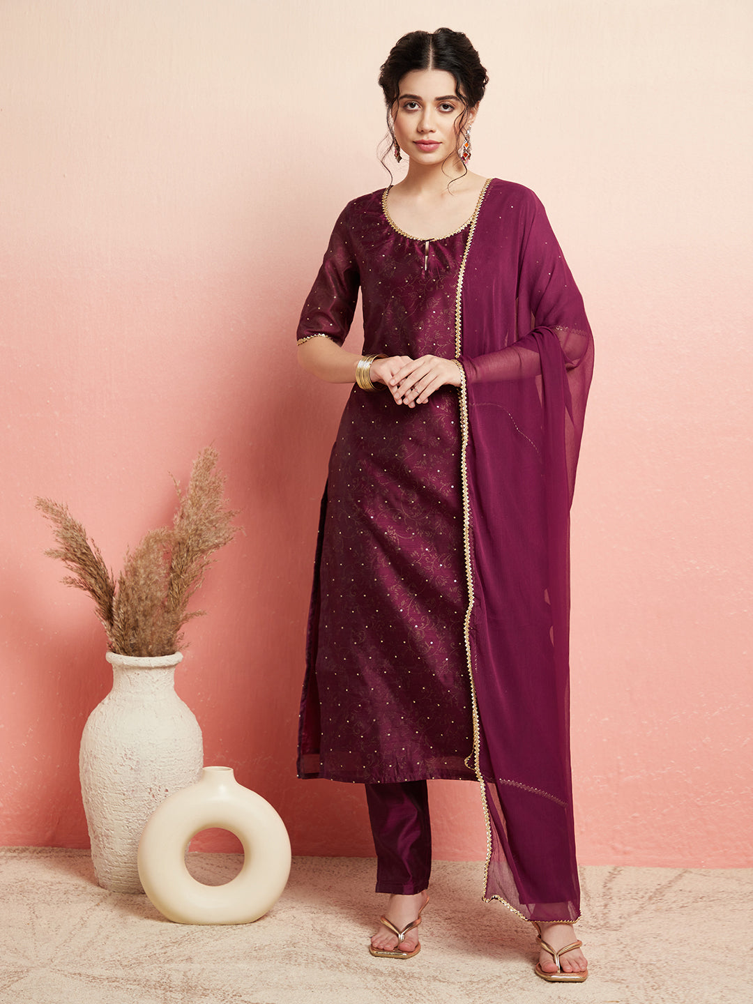 Purple Gold Print Kurta Pant With Dupatta