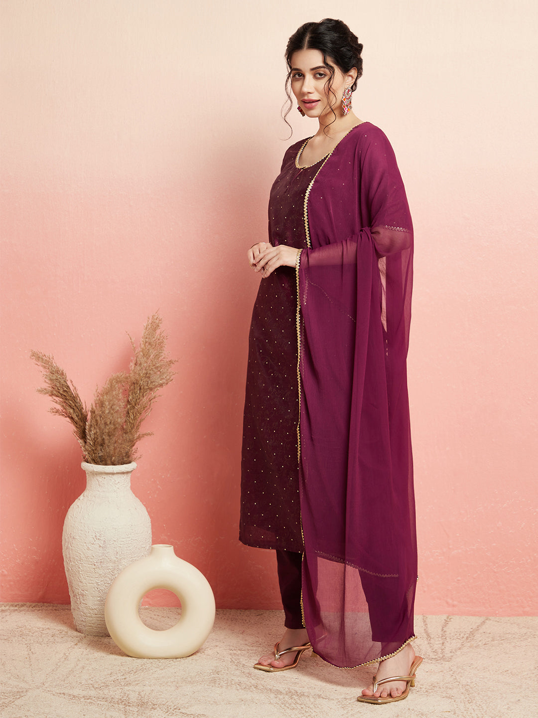 Purple Gold Print Kurta Pant With Dupatta