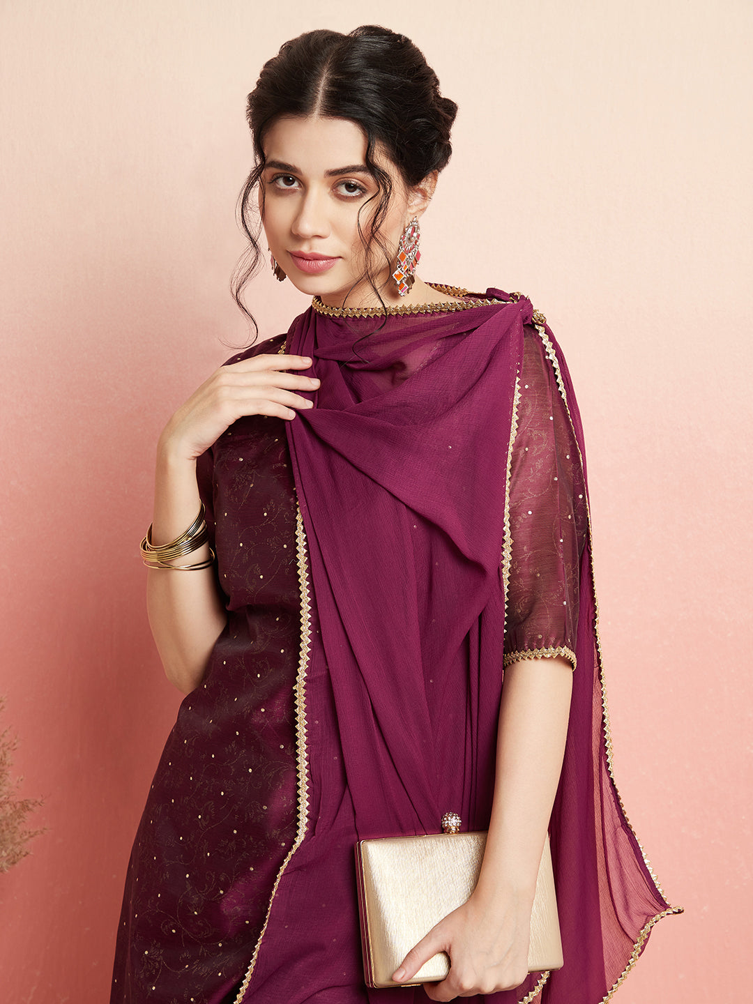 Purple Gold Print Kurta Pant With Dupatta