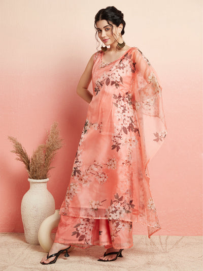 Peach Floral Print Kurta Palazzo