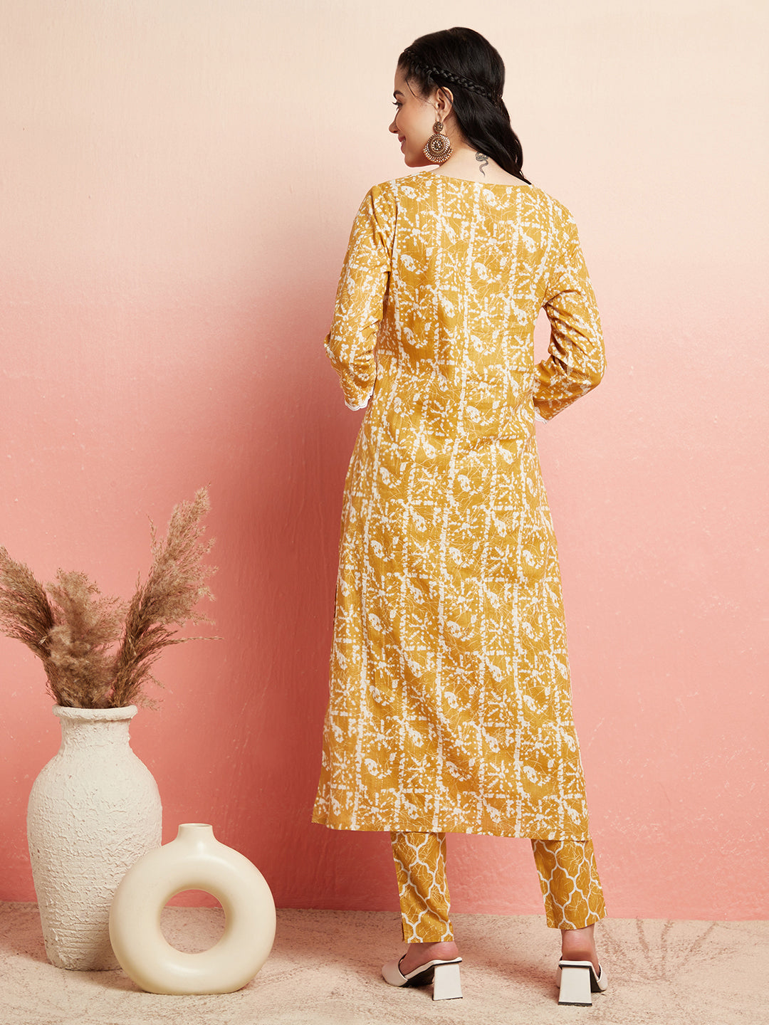 Mustard Printed Lurex Kurta With Pant