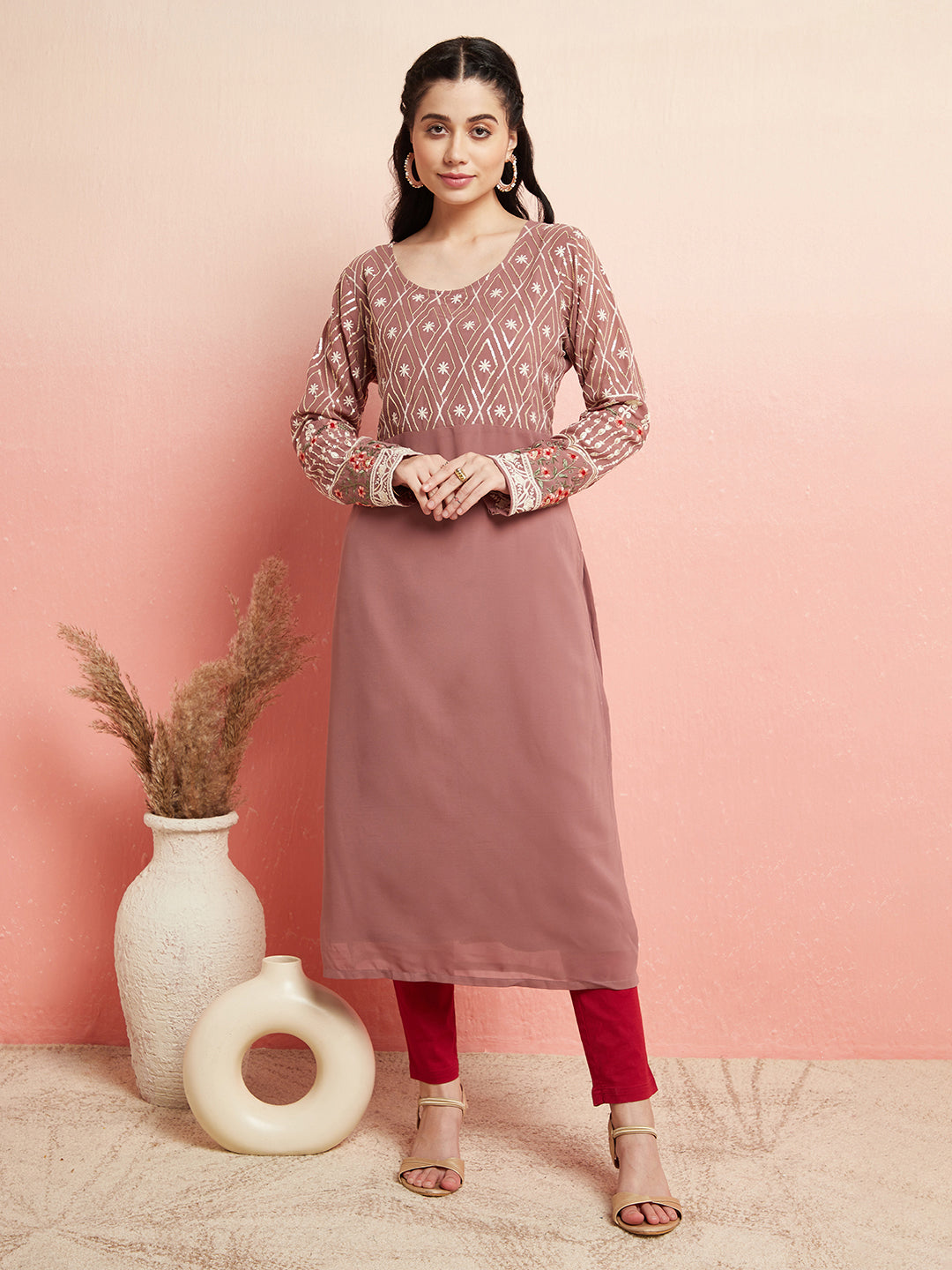 Mauve Floral Embroidered Kurta