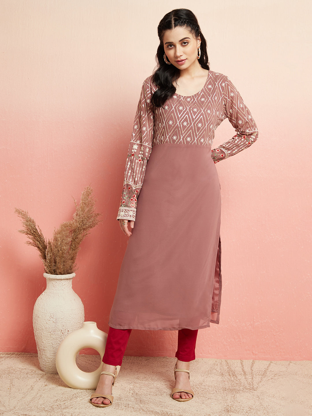 Mauve Floral Embroidered Kurta