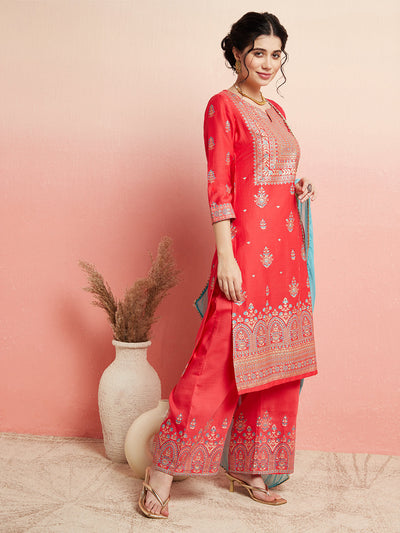 Red Placement Print Kurta Palazzo With Ombre Dupatta