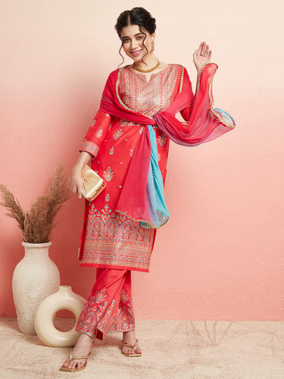 Red Placement Print Kurta Palazzo With Ombre Dupatta