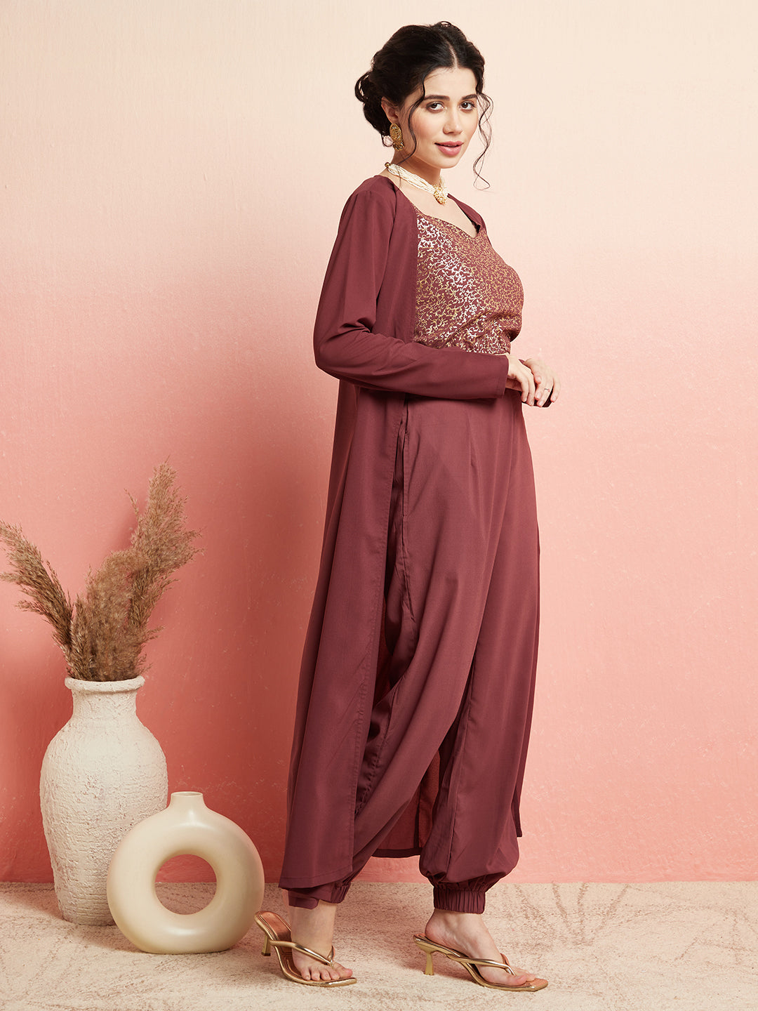 Burgundy Afghani pant Co Ord Set With Jacket