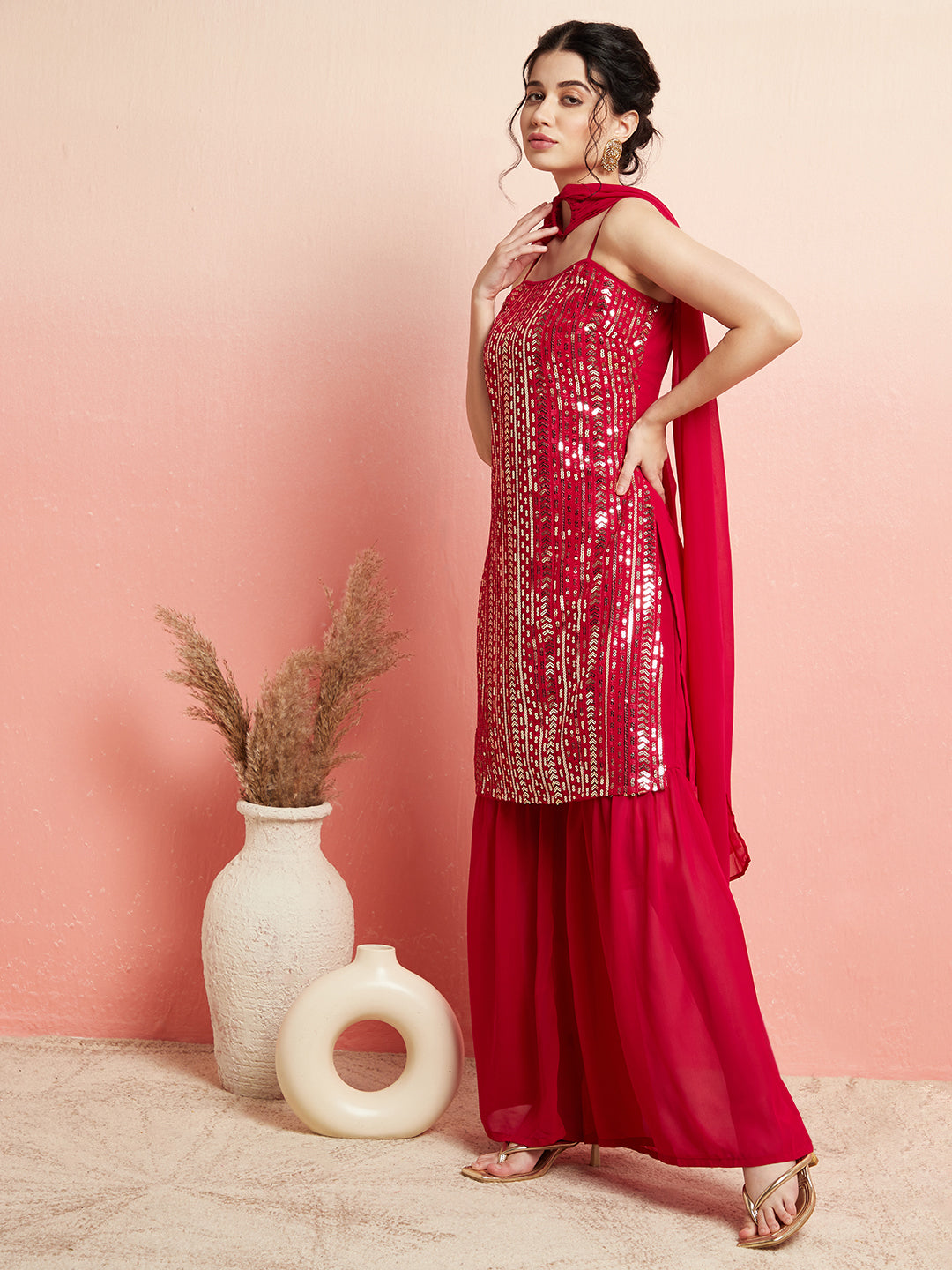 Magenta Work Kurta Sharara With Dupatta