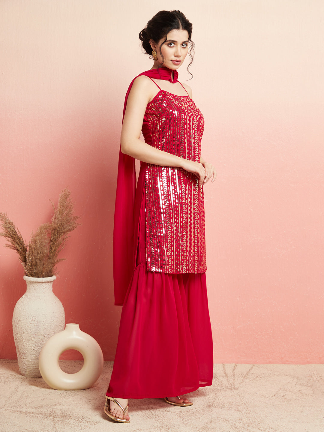 Magenta Work Kurta Sharara With Dupatta