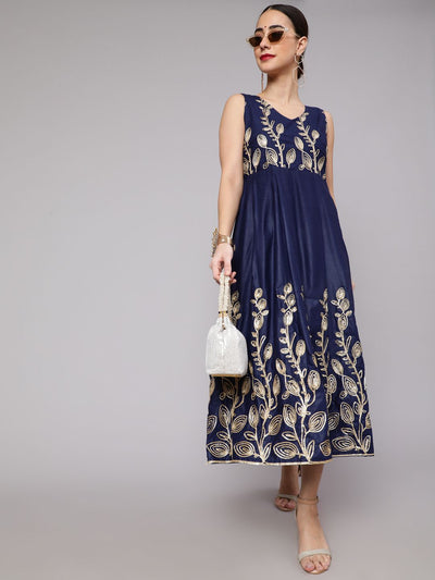 Navy Blue Embroidered Flared Shift Dress