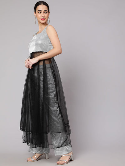 Silver Black Embellished Layered Top With Palazzo