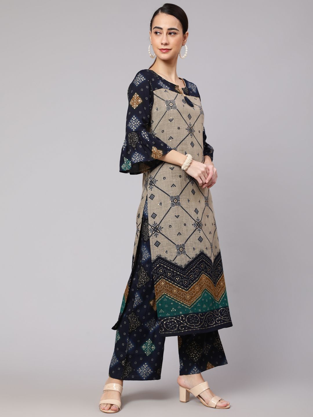 Navy Blue Printed Straight Kurta With Palazzo